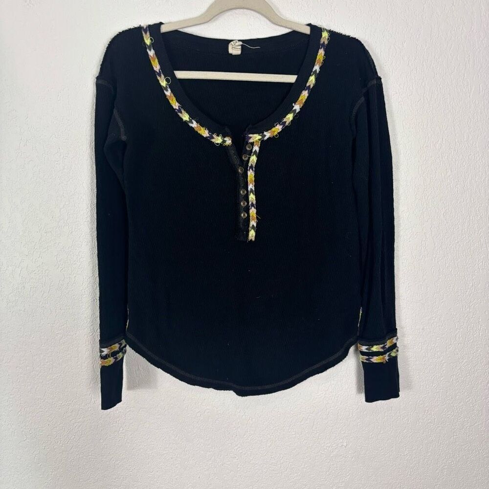 Free People Black Rainbow Yarn Henley Long Sleeve Thermal Top Size XS